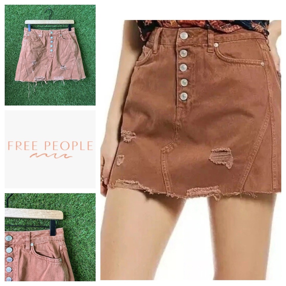 Free‎ People We The Free A-Line Button Denim Skirt Distressed Cotton Brown Sz 27